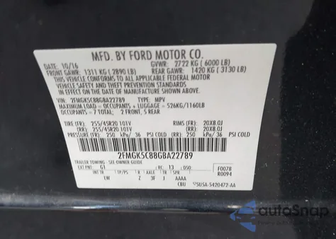 2016 Ford Flex Sel из США, поврежденный, VIN 2FMGK5C88GBA22789